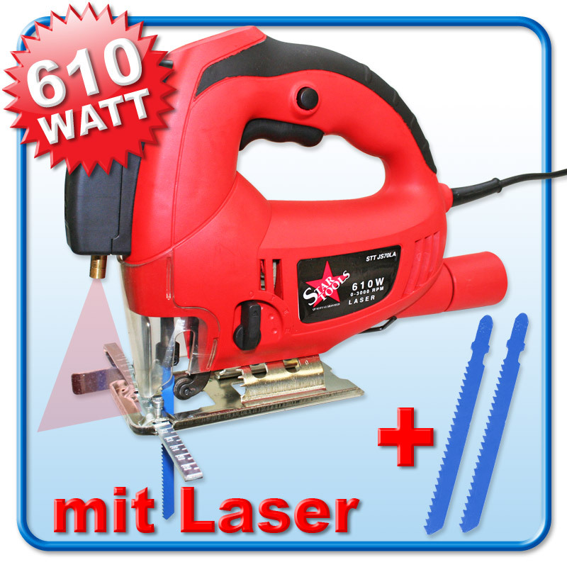 Stichsäge Pendelhub Stichsäge 610 Watt Laser + 3 Sägeblätter VARO