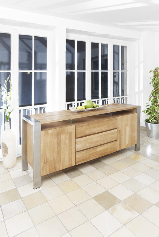 Sideboard Dublin 182 x 50 cm massive Eiche / Edelstahl